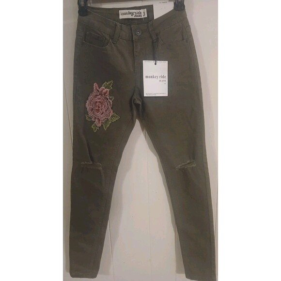 Monkey Ride Jean Junior Olive Green Distress Denim Rose Army  Skinny New Size 3 - Picture 1 of 7